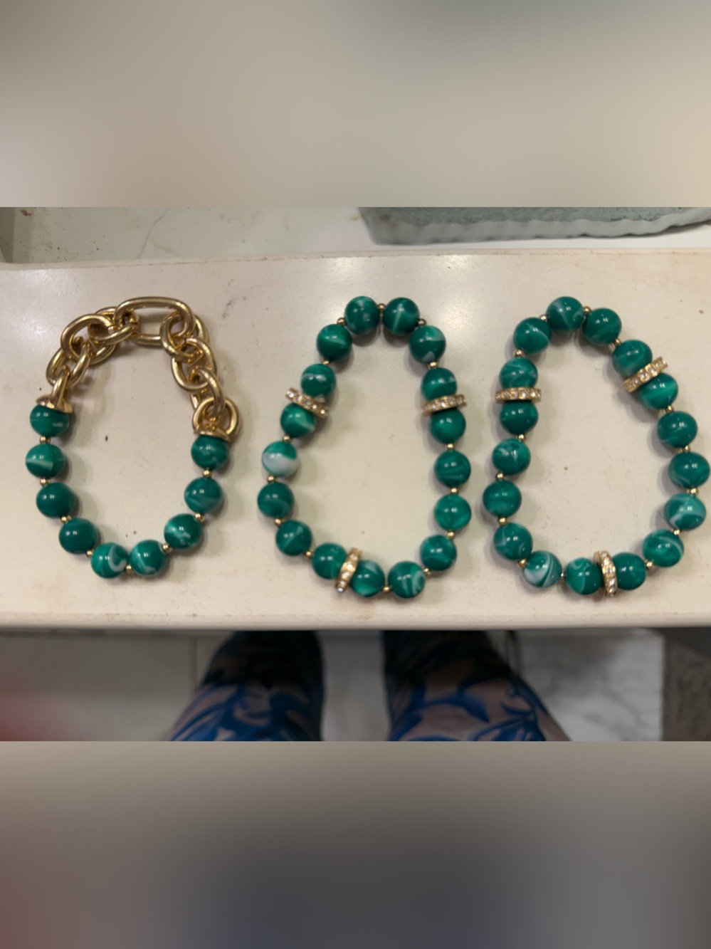 Vintage Direction One Green Marbled Bead Rhinestone Bracelet Set of 3